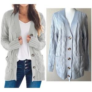 NWT PrettyGarden Gray Chunky Cable Knit Button-Front Cardigan – Size Small